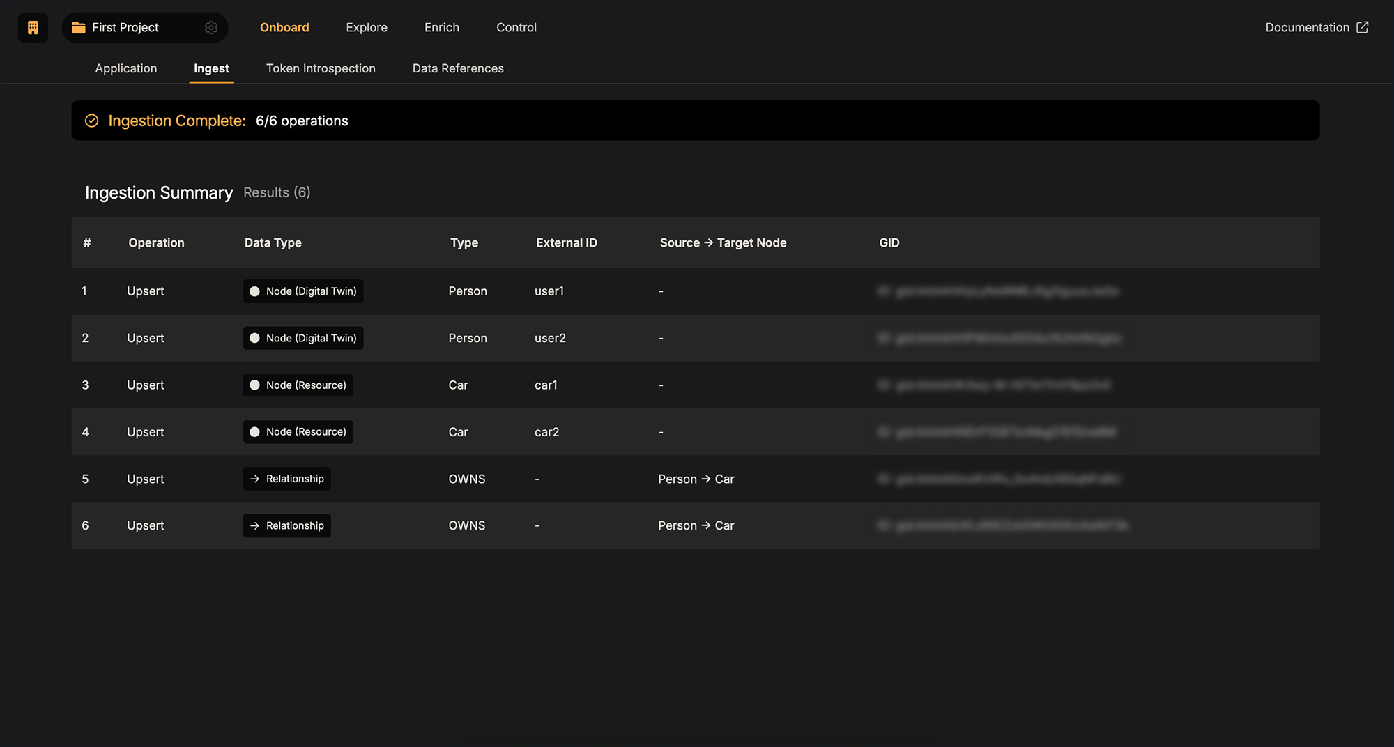 IndyKite Hub Ingestion Summary showing 6 of 6 successful operations: Person x2, Car x2, OWNS x2.