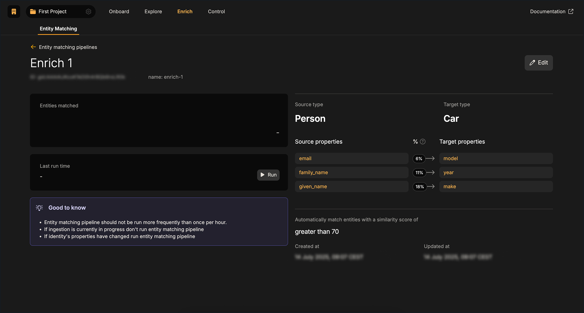 Entity Matching details for Enrich 1: source Person (email, family_name, given_name) to target Car (model, year, make), threshold >70.