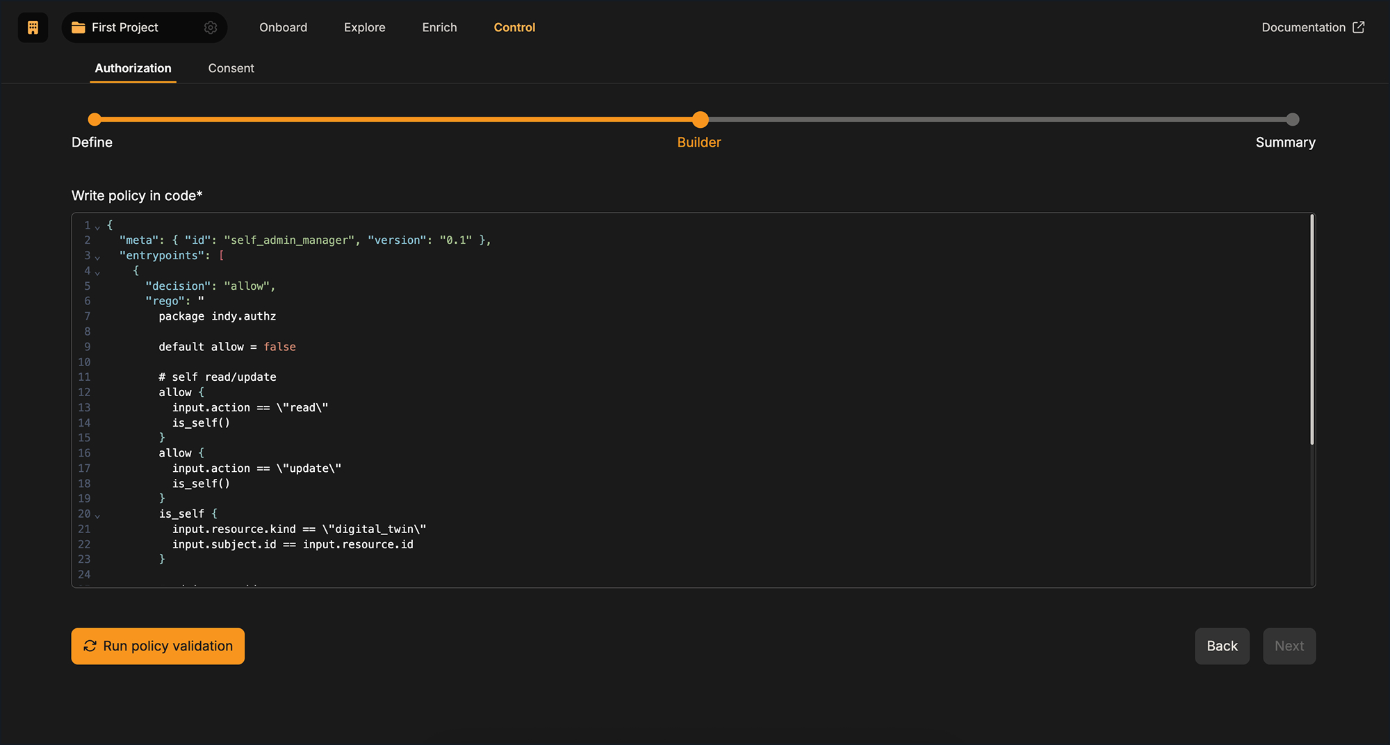 Authorization editor showing Rego policy with deny-by-default and self read/update rules, plus ‘Run policy validation’ button.”