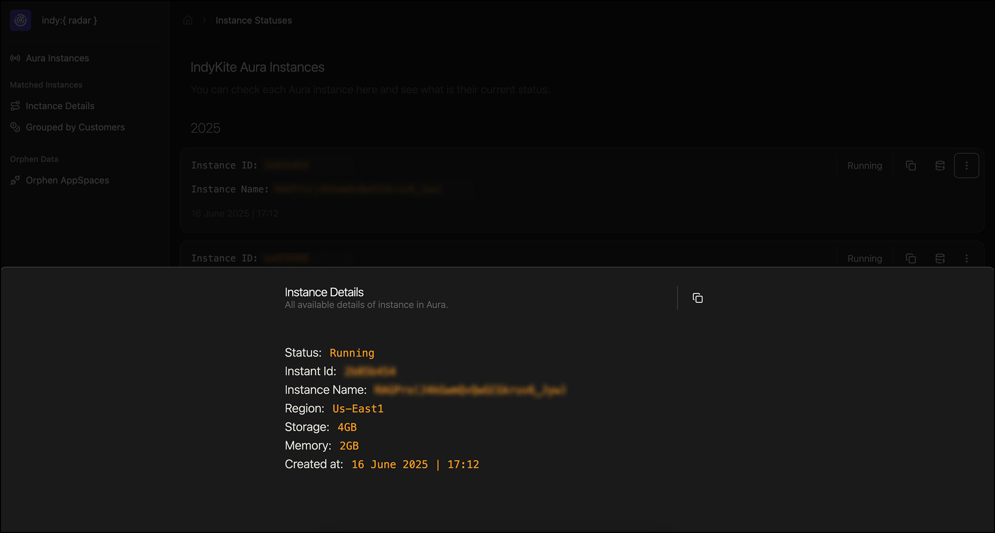 Drilled into instance details—region, size, memory—in modals that accelerate data audits and guide next features.