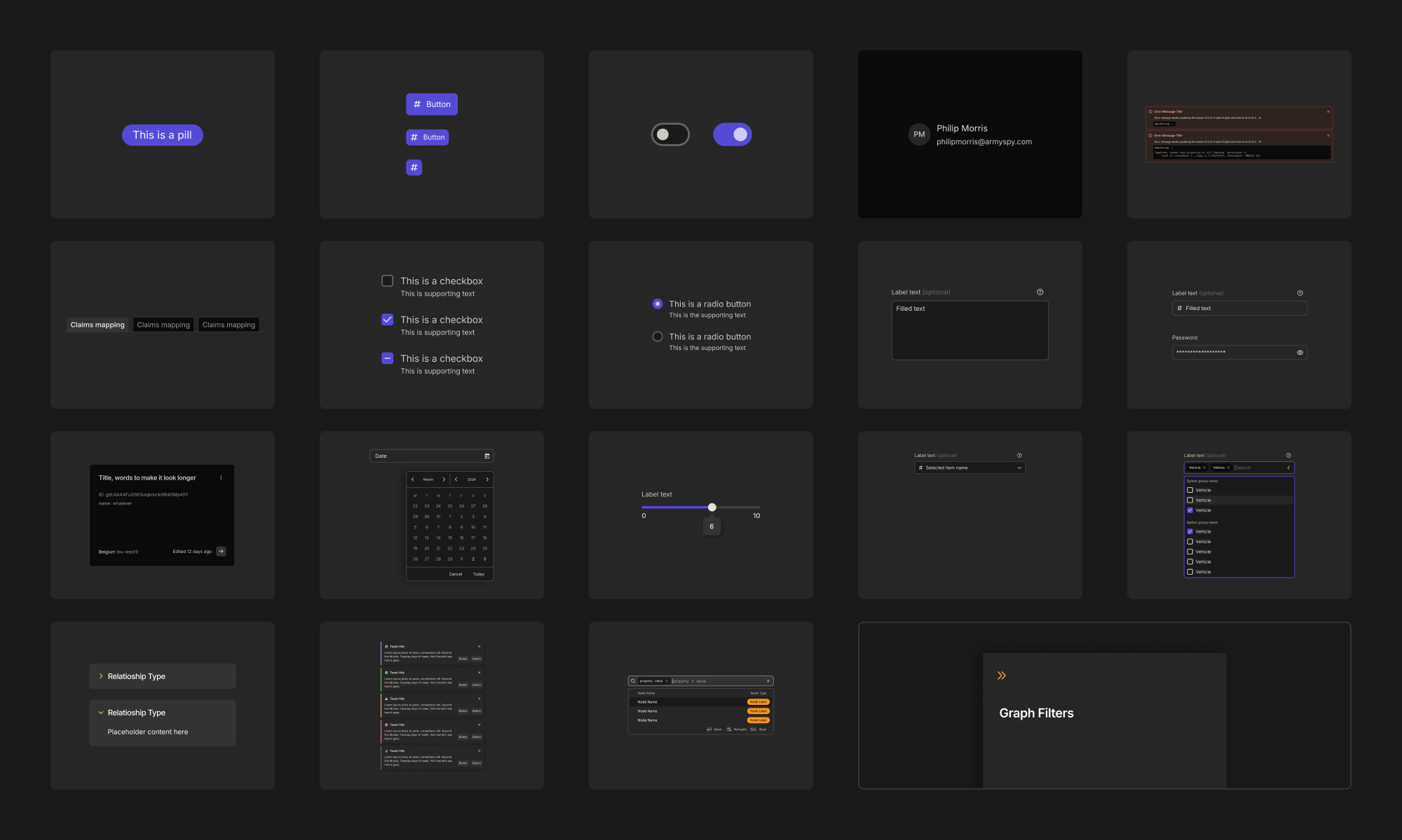 20 core components, one glance.
Tyr’s library covers every interaction-from pills to date-pickers giving IndyKite teams a single, reusable source of UI truth.