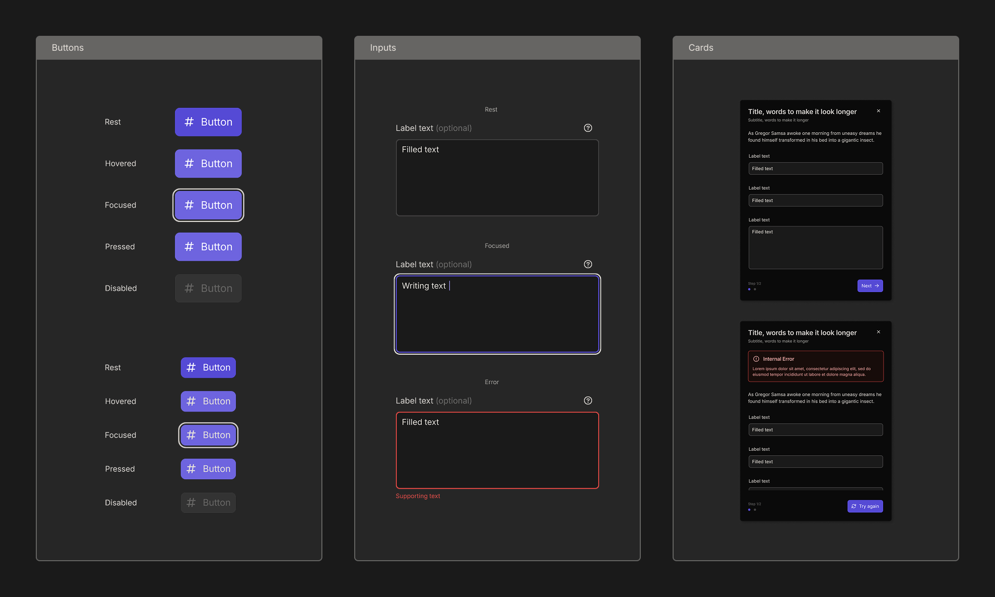 Core components, battle-tested.
From primary buttons to complex form cards, Tyr ships every state in Storybook, ready for copy-paste adoption.